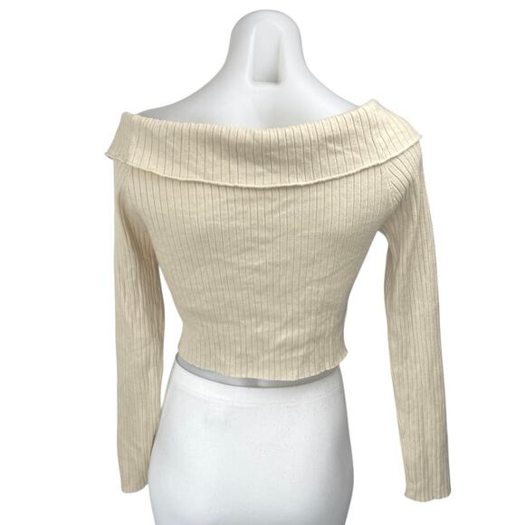 Tic Toc Cream Rib Knit Keyhole Cut Out Long Sleeve Boat Neck Crop Sweater Top M - Picture 2 of 4
